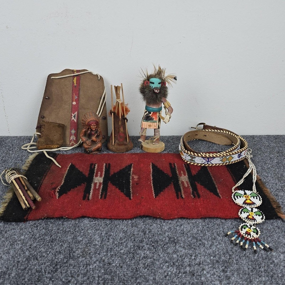 Vintage Native American Tourist Lot Beaded Necklace Belt Blanket Kachina